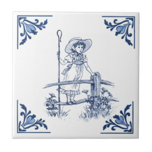 Azulejo De Cerâmica Pequena Bo Peep Shepherdese Menina Azul e Branca