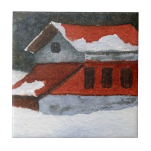 Azulejo De Cerâmica Pequeno celeiro de inverno listrado com neve