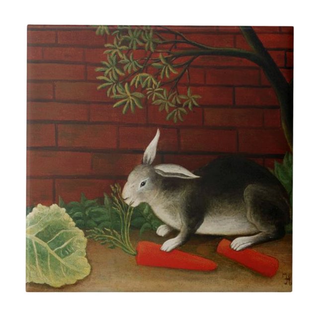 Azulejo De Cerâmica Pequeno Coelho Cute (Animal Pet) (Henri Rousseau) (Frente)