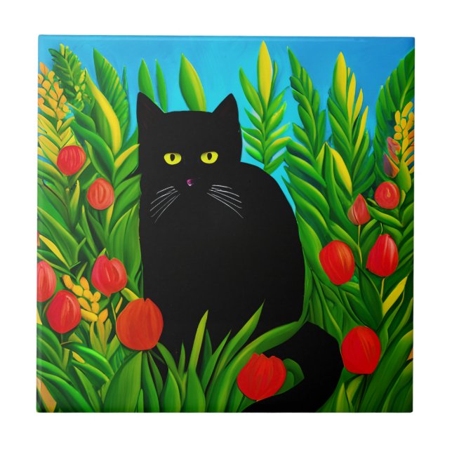 Azulejo De Cerâmica Pequeno Gato Negro em um Jardim de Tulipas (Frente)