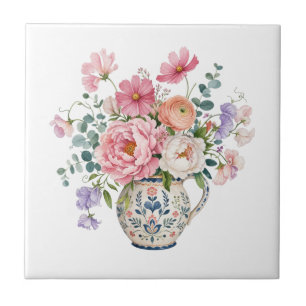 Azulejo De Cerâmica Pequeno Jardim Floral de Peônia Rosa Grandmillenni