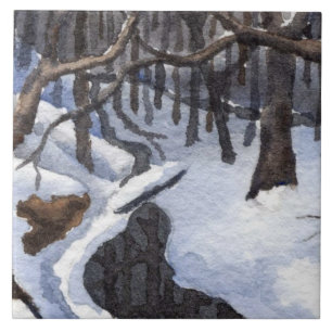 Azulejo De Cerâmica Pequeno riacho em neve de inverno com águas escur