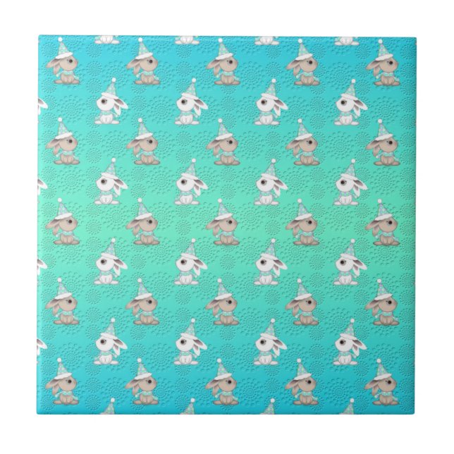 Azulejo De Cerâmica Pequenos Coelhinhos de Neve em Chapéus e Cachecóis (Frente)