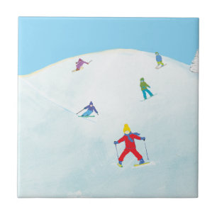 Azulejo De Cerâmica Pequenos Esquiadores Em Snowy Hill