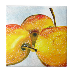 Azulejo De Cerâmica Pêras Nashi amarelas aquarela fruta