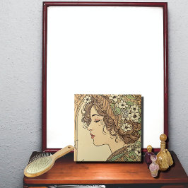 Azulejo De Cerâmica Perfil Feminino Sereno com Flores da Primavera