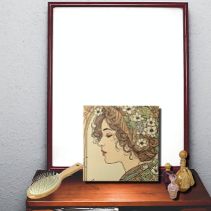 Azulejo De Cerâmica Perfil Feminino Sereno com Flores da Primavera