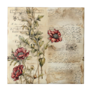Azulejo De Cerâmica Pergaminho Vintage com Decoupage Floral Elegante