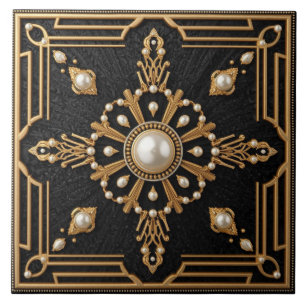 Azulejo De Cerâmica Pérolas Art Deco em preto elegante dourado
