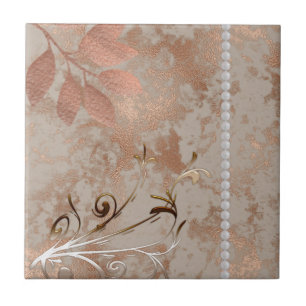 Azulejo De Cerâmica Pérolas brancas, rosa Douradas, Quadrado Floral