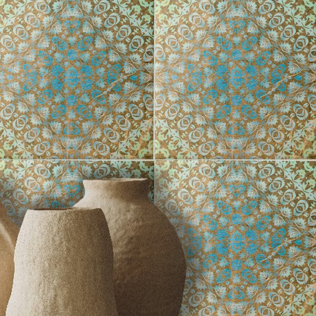 Azulejo De Cerâmica Persa Turquesa Marrom Geométrico Envelhecido (Criador carregado)