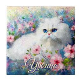 Azulejo De Cerâmica Persian Cat Blue Eyes in Pink Flowers Personalized