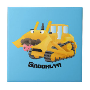 Azulejo De Cerâmica Personagem de desenho animado de bulldozer amarelo