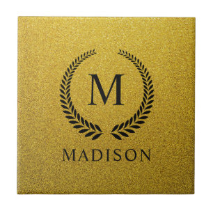 Azulejo De Cerâmica Personalizado Dourado Preto e Dourado Brilho Monog