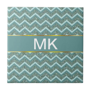 Azulejo De Cerâmica Personalize esta Glitter Teal ZigZag