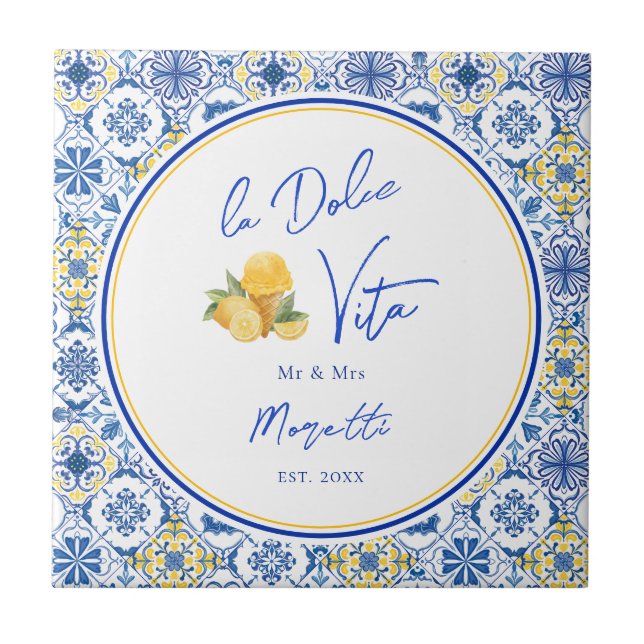 Azulejo De Cerâmica Personalized Newlywed Mediterranean Coastal Home  (Frente)