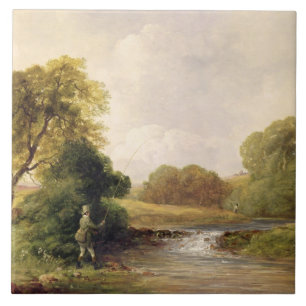 Azulejo De Cerâmica Pesca: Jogando um peixe (óleo em canvas)