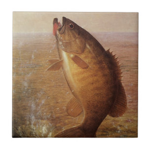 Azulejo De Cerâmica Pesca Vintage, Pequena Boca de Bass Saltando na Li