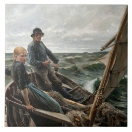 Azulejo De Cerâmica Pescador e filha no mar (por Albert Edelsense)