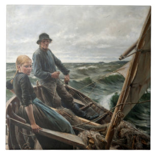 Azulejo De Cerâmica Pescador e filha no mar (por Albert Edelsense)