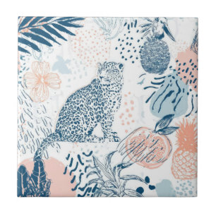 Azulejo De Cerâmica Pêssego Azul Leopardo Tropical Abstrato