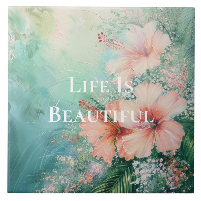 Azulejo De Cerâmica Pêssego Branco Tropical Hibiscus Floral (Frente)