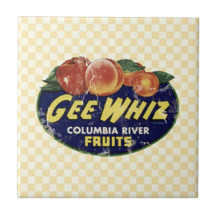 Azulejo De Cerâmica Pêssegos da etiqueta da fruta do vintage, Gee Whiz