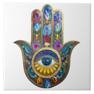 Azulejo De Cerâmica Pétalas Coloridas Folhas Hamsa Safira Terceiro Olh