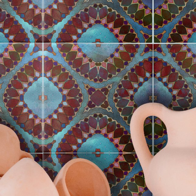 Azulejo De Cerâmica Pétalas Geométricas Simétricas de Azul Vermelho Bu (Criador carregado)