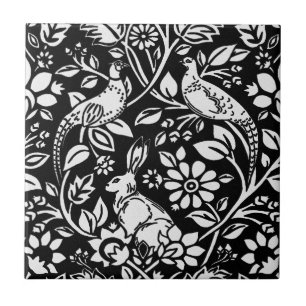 Azulejo De Cerâmica Pheasant and Hare Patterno, Branco a Preto 