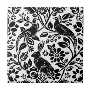 Azulejo De Cerâmica Pheasant and Hare Patterno, Branco e Preto