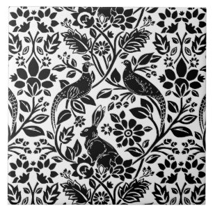 Azulejo De Cerâmica Pheasant and Hare Patterno, Branco e Preto