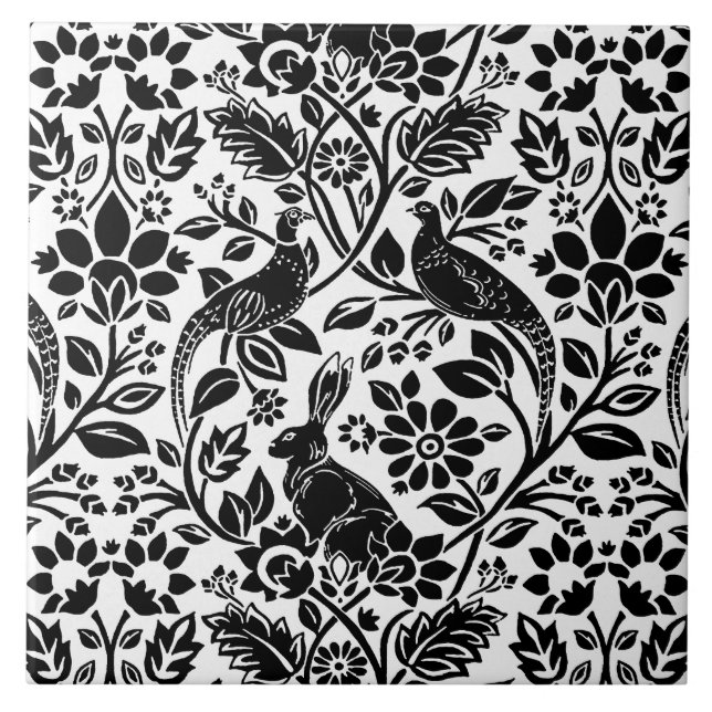 Azulejo De Cerâmica Pheasant and Hare Patterno, Branco e Preto (Frente)