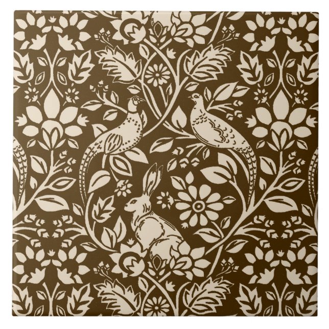 Azulejo De Cerâmica Pheasant and Hare Patterno, Brown and Beige (Frente)