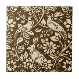 Azulejo De Cerâmica Pheasant and Hare Patterno, Brown and Cream