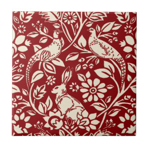 Azulejo De Cerâmica Pheasant and Hare Patterno, Deep Red and Cream