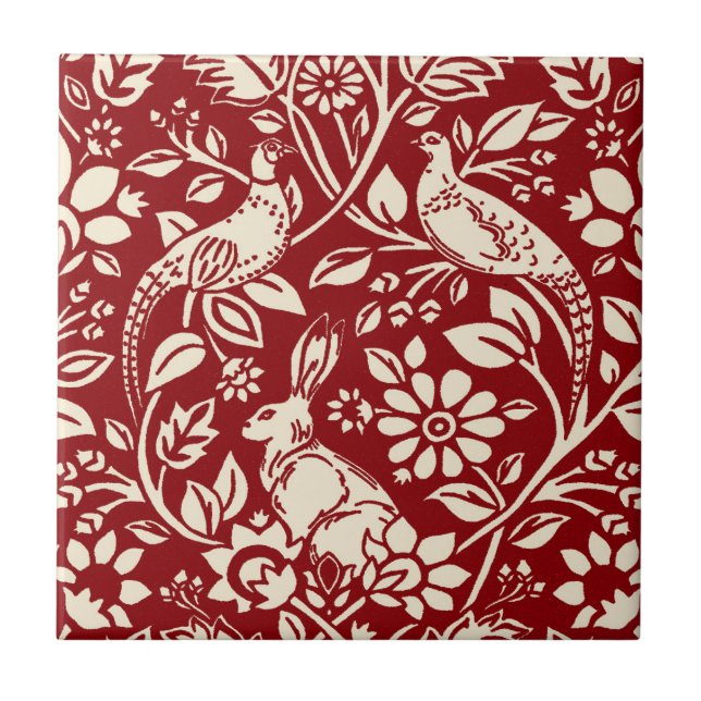 Azulejo De Cerâmica Pheasant and Hare Patterno, Deep Red and Cream (Frente)