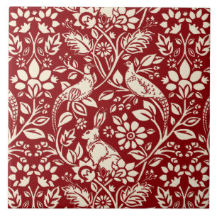 Azulejo De Cerâmica Pheasant and Hare Patterno, Deep Red and Cream