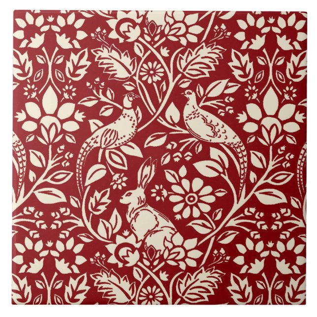 Azulejo De Cerâmica Pheasant and Hare Patterno, Deep Red & Cream (Frente)