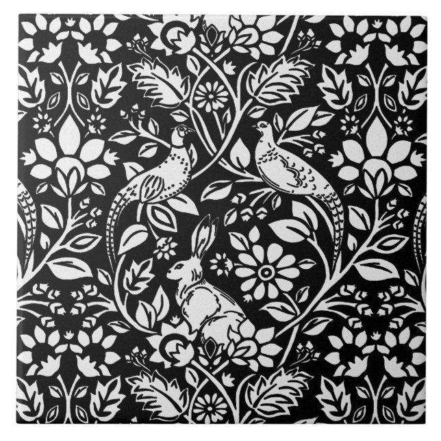 Azulejo De Cerâmica Pheasant and Hare Patterno em preto e branco (Frente)