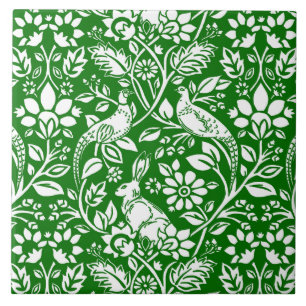 Azulejo De Cerâmica Pheasant and Hare Patterno, Emerald Green e White