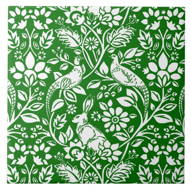 Azulejo De Cerâmica Pheasant and Hare Patterno, Emerald Green e White (Frente)