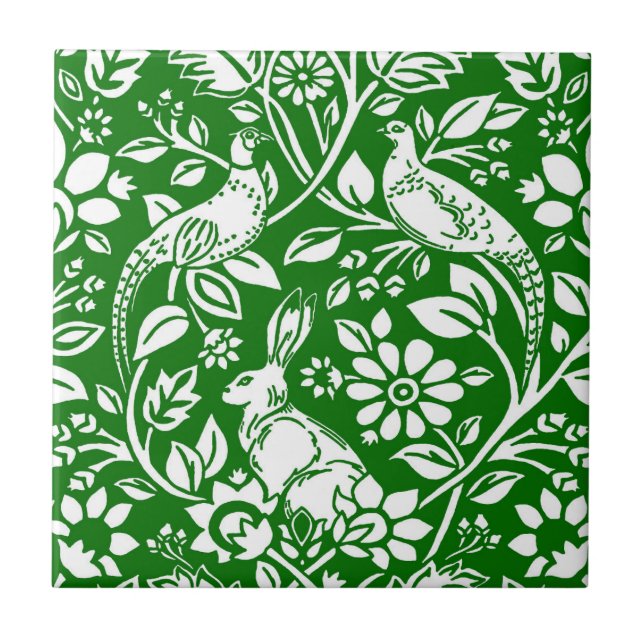 Azulejo De Cerâmica Pheasant and Hare Patterno, Emerald Green & White (Frente)