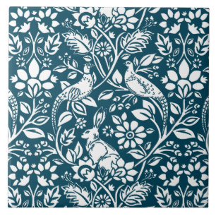 Azulejo De Cerâmica Pheasant and Hare Patterno, Indigo Blue & White