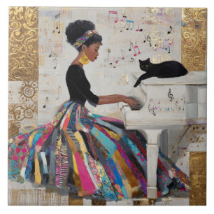 Azulejo De Cerâmica Pianista Negra com Folha de Ouro e Gato