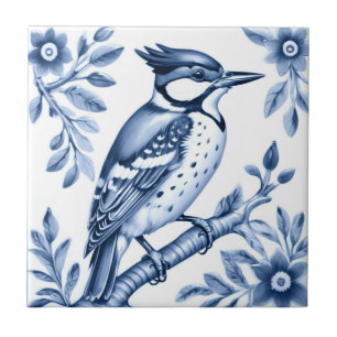 Azulejo De Cerâmica Pica-pau-pontilhada-excelente Pássaro Delft Azul e