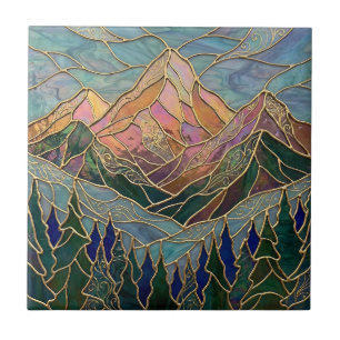 Azulejo De Cerâmica Picos da Montanha Dourada Floresta Arte em Vidro P