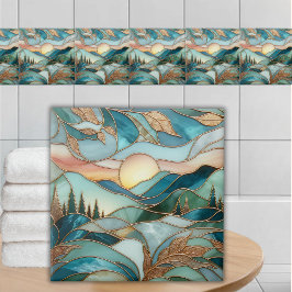 Azulejo De Cerâmica Picos da Montanha Dourada Floresta Arte em Vidro P