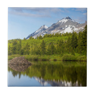 Azulejo De Cerâmica Picos de Montanhas Refletidos em uma Lagoa de Cast