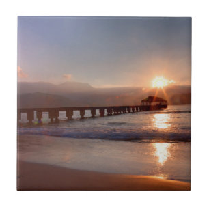 Azulejo De Cerâmica Pier da praia ao pôr do sol, Havaí